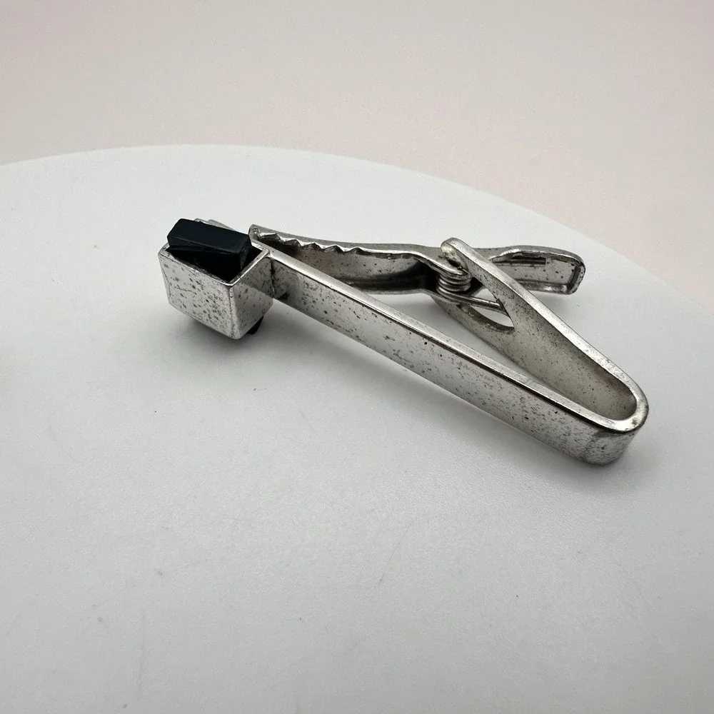 Vintage 80s Men's Tie Bar Clips Set Gold & Silver Tone Glass Stone Retro Jewelry